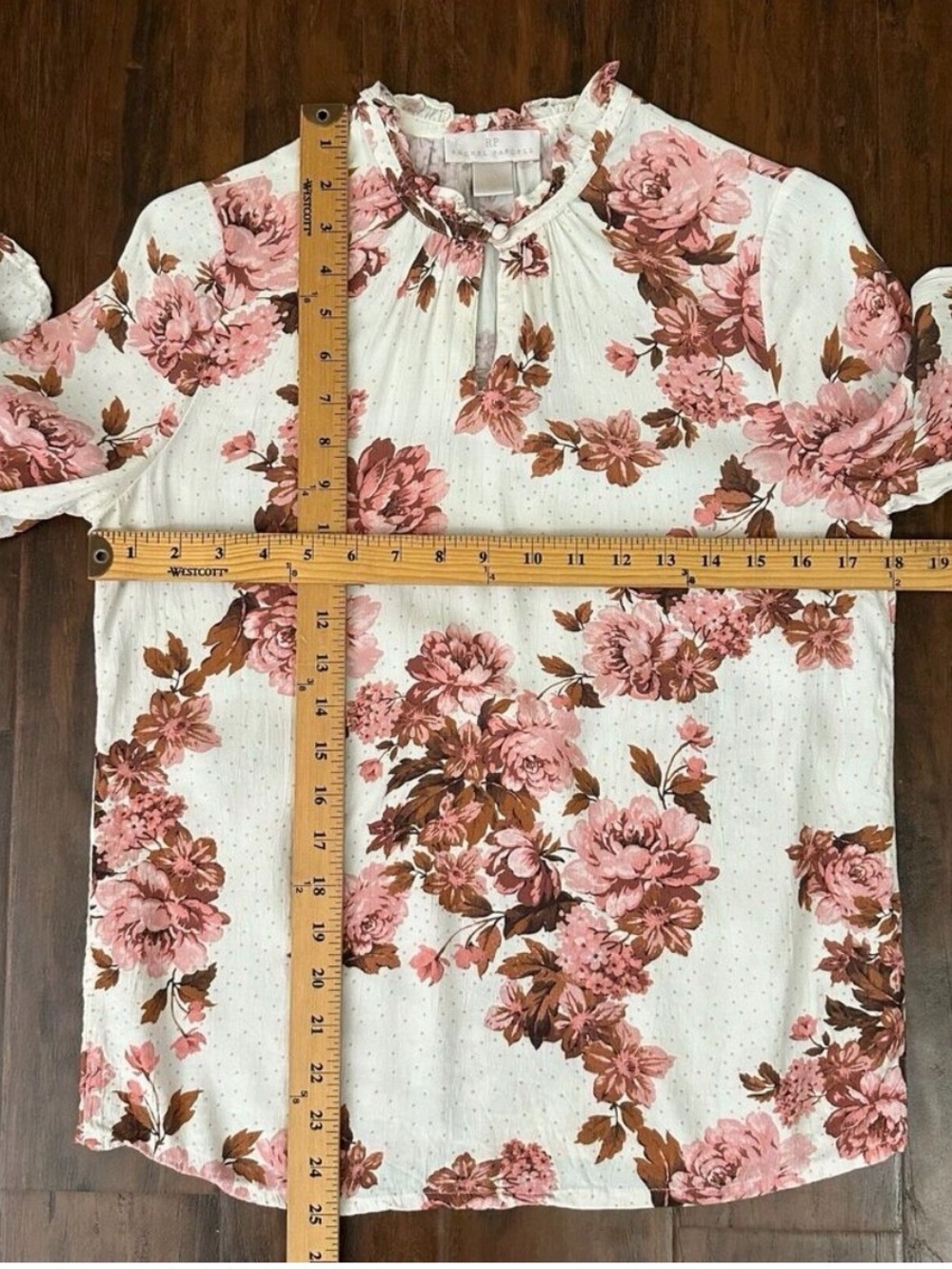 Rachel Parcell Keyhole Flounce Cream, Pink and Brown Floral Blouse -Sz XS - Picture 12 of 12